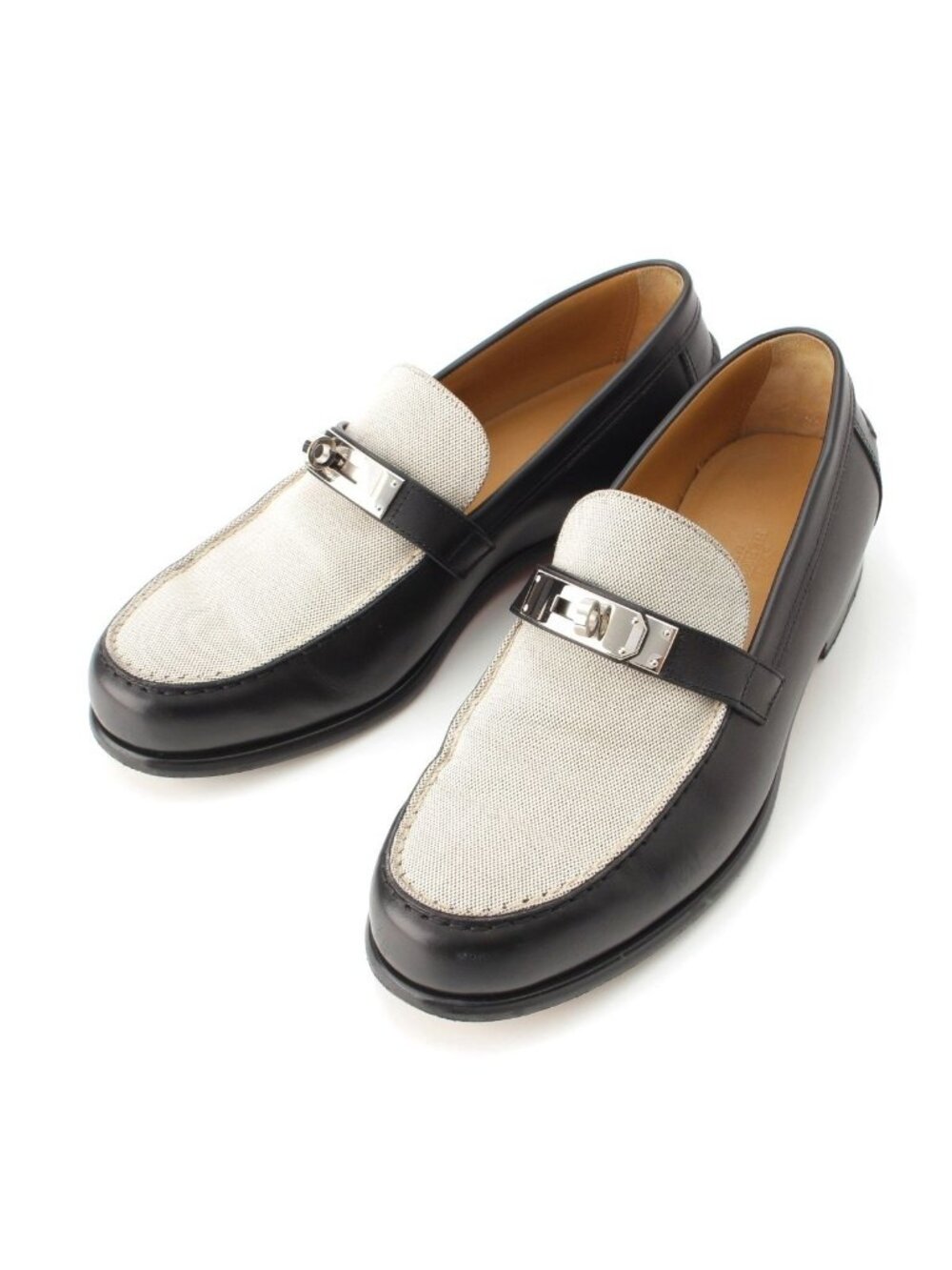 Hermes Destin Canvas Calfskin Moccasin Kelly Loafers Shoes Brown White
